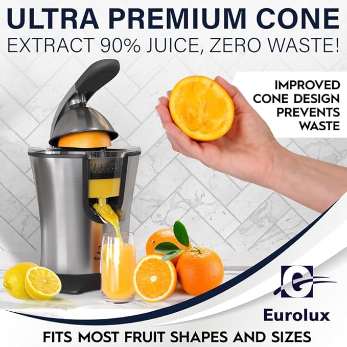 Eurolux Premium Electric Orange Juicer | Stainless Steel Citrus Squeezer With New Ultra-Powerful Motor and Soft Grip Handle for Effortless Juicing, Auto Shutoff, Dishwasher-safe Parts, Pulp Control