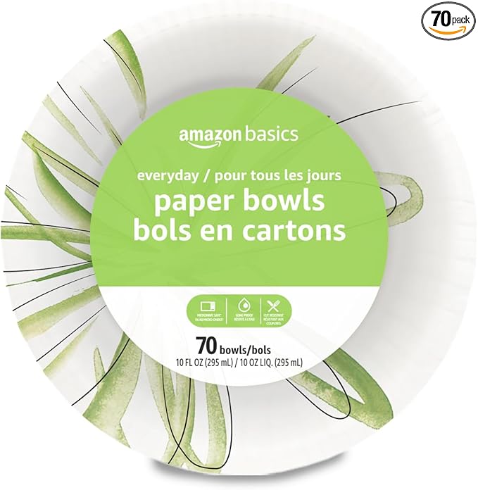Amazon Basics Everyday Paper Bowls, 10 Oz, Disposable, 70 Count, White