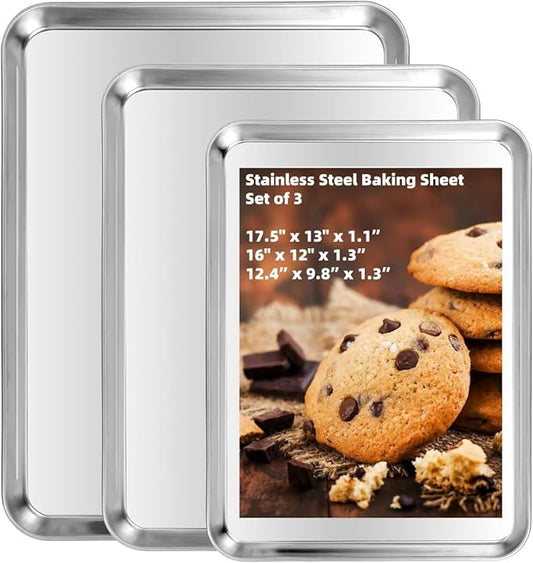 Baking Sheet Set of 3, Heavy-Duty Stainless-Steel Baking Pans, Cookie Sheets Cooking Trays for Oven, 3 Different Sizes (12/16/17.5 Inch)