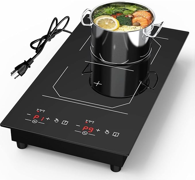 Double Induction Cooktop 2 Burner: 12 Inch 110v Built-in & Portable Electric Stove Top - 2300W Electric Cooktop with 9 Temp Settings, Countertop Cooktop for RV, Camping, Travel