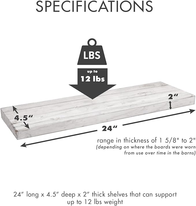 Urban Legacy Reclaimed Barnwood Planks | Floating Shelves for Wall w/Flush Mount Shelf Bracket Set Included | Set of 2 (White Wash, 24"x 4.5"x 2")