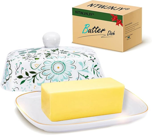 Butter Dish With Lid For Countertop-Ceramic Butter Dish with Knob Handle-Dishwasher Safe Butter Keeper&Serving Tray,Large Storage Keeper Holder for Kitchen-Elegant Gift for Women,Mothers,Housewarming
