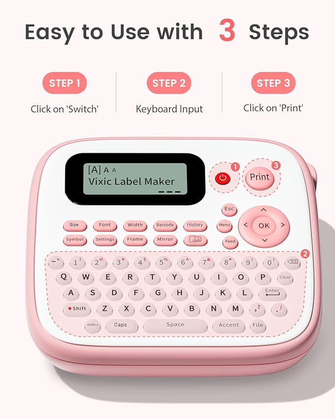 Pink Label Maker, D210S Label Maker with Tapes Waterproof, Handheld Label Makers Labeler Includes USB-C for Power, Easy-to-Read Screen, Multiple Fonts Icons Frames for Home Office Organization