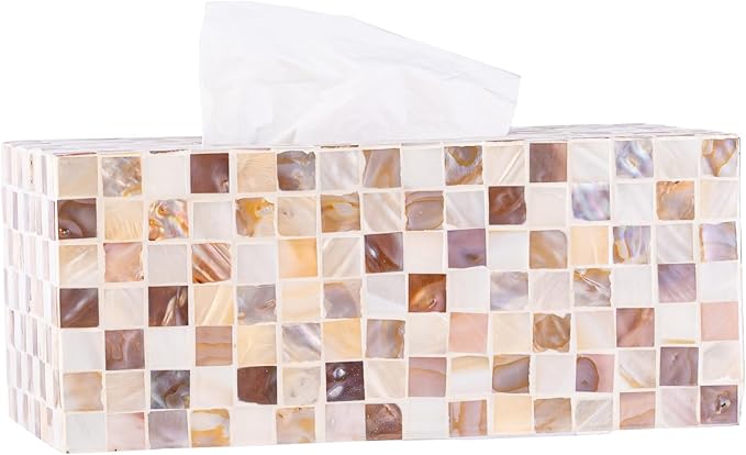 PEMAR Rectangular Mother of Pearl Tissue Box Capiz Shell Handmade Rectangle Tissue Box Cover Holder Decorative Napkin Dispenser Organizer Rustic Farmhouse Vintage Decor (Brown Checkered)
