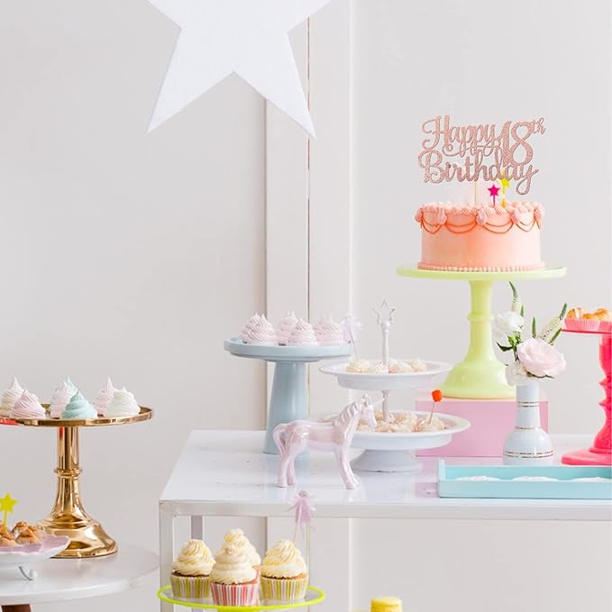 1 PCS Happy 18th Birthday Cake Topper Glitter Cheers to 18 Years Birthday Cake Pick 18 Fabulous Cake Decoration for Happy 18th Birthday Theme Party Decorations Supplies Rose Gold