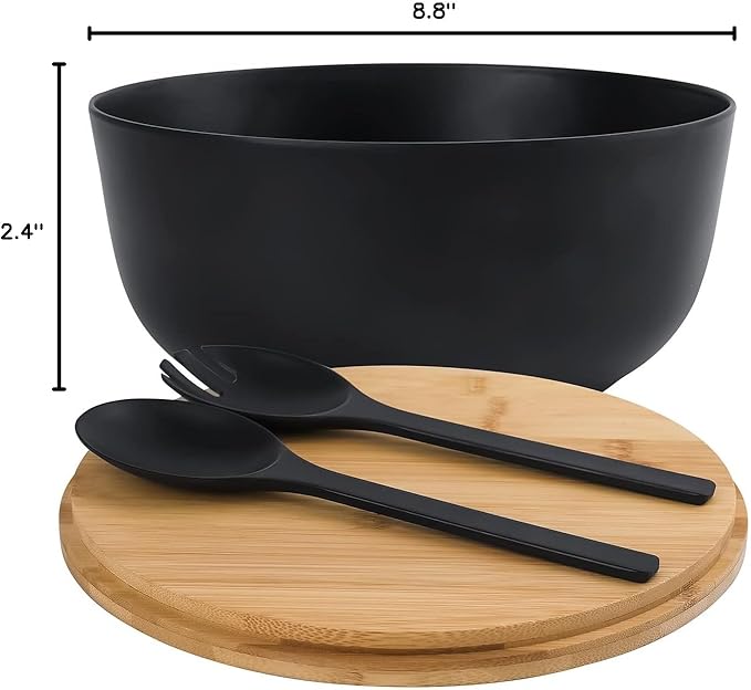 Bamboo Fiber Salad Bowl with Servers Set Large 9.8inches Nature Bamboo Mixing Bowl with Servers with Lid Spoon and Fork for Fruits,Salads and Vegetables