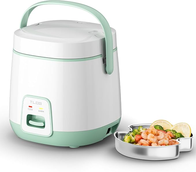 TLOG Mini Rice Cooker 2-Cup Uncooked(4-Cup cooked), Healthy Non-stick Coating 1.2L Small Rice Maker for 1-3 People, Portable Travel Fast Cooker with Steam Tray, Rice Maker for Grains, White Rice, Oatmeal, Veggies