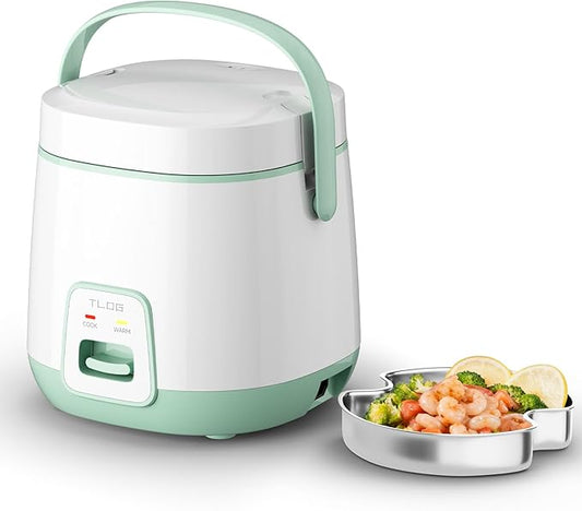 TLOG Mini Rice Cooker 2-Cup Uncooked(4-Cup cooked), Healthy Non-stick Coating 1.2L Small Rice Maker for 1-3 People, Portable Travel Fast Cooker with Steam Tray, Rice Maker for Grains, White Rice, Oatmeal, Veggies