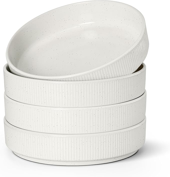 E-far Pasta Bowls Set of 4, 35oz Large Salad Bowl Plate for Dinner Serving Soup, Wide & Shallow Ceramic Stoneware Pasta Plates, Microwave & Dishwasher Safe, Textured Stripes & Speckled White, 8”
