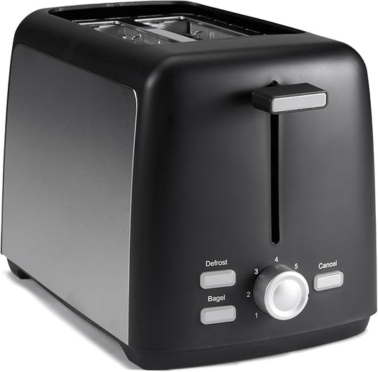 Amazon Basics 2 Slice Toaster, With 7 Browning Settings, Extra Wide Slots For Bagels and Special Breads, Removable Easy-to-Clean Crumb Trays, Cancel/Defrost/Bagel Buttons, 800W, Black & Silver