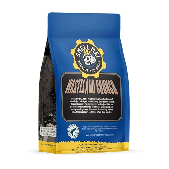 Bones Coffee Company Fallout Wasteland Crunch, Chocolate Candy Bar Flavored Coffee, Medium Roast Low Acid Arabica Beans Compatible with Auto drip and French Press Coffee Maker, 12 Oz Ground