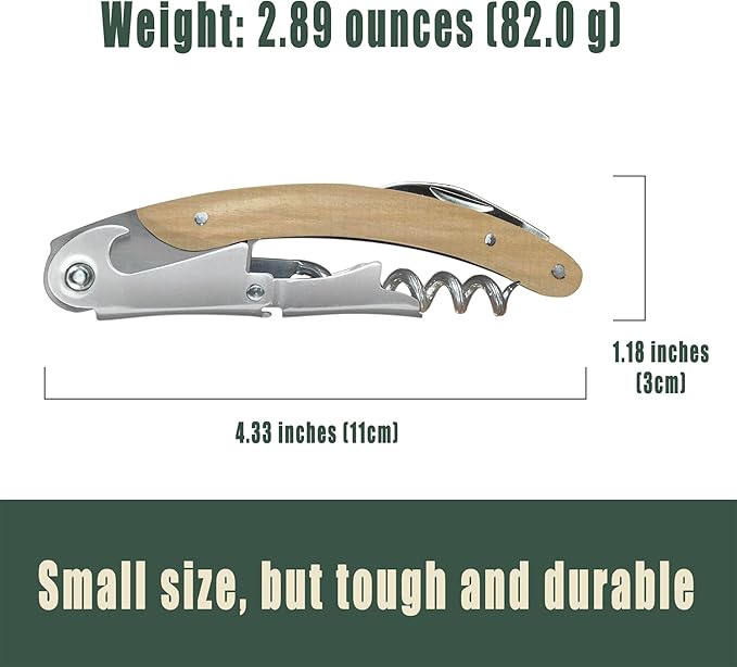 Wine Opener, Bottle Opener, Wine Key, Waiter Corkscrew, Oak Wood Handle