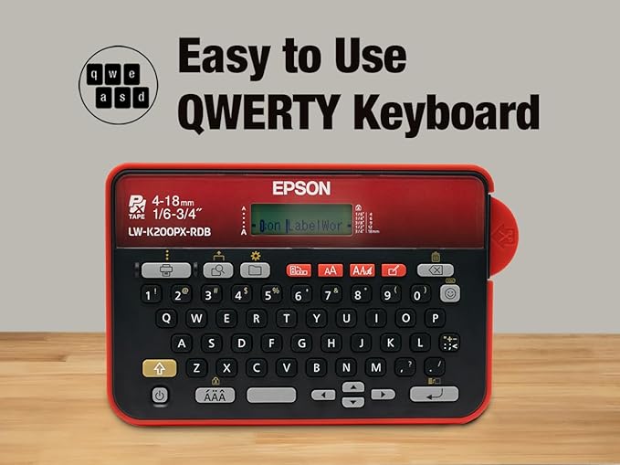 LABELWORKS Epson LW-K200PX-RDB Portable QWERTY Keyboard Label Maker for Home & Hobbies – Craft, Organize, and Personalize - Red Black Printer