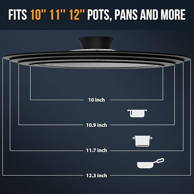 Universal Lid for Pots, Pans and Skillets - Tempered Glass with Heat Resistant Silicone Rim, Fits 10", 11" and 12" Diameter Cookware, Round
