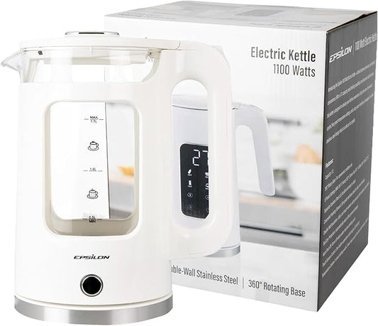 Epsilon 1.7L Glass Electric Kettle – Hot Water Tea Kettle with LED Light, Stainless Steel & Borosilicate Glass, Auto Shut-Off, BPA-Free Electric Teapot, 1500W Fast Boil, Cool Touch