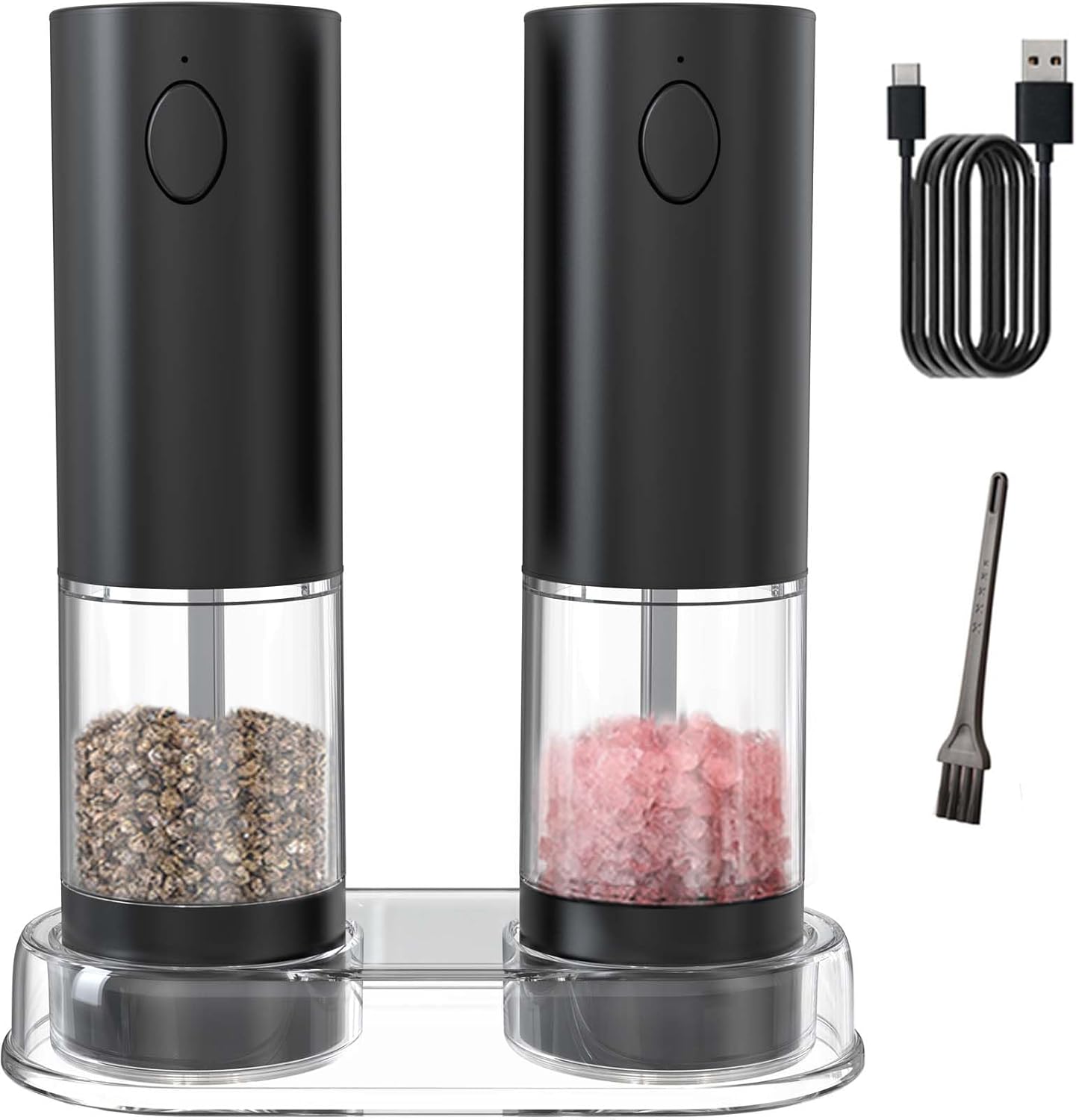 Electric Salt and Pepper Grinder Set, Rechargeable Automatic Salt and Pepper Grinder Set, One Hand Operation with LED Light, Adjustable Coarseness, Refillable, 95ml, Black (2 Pack)
