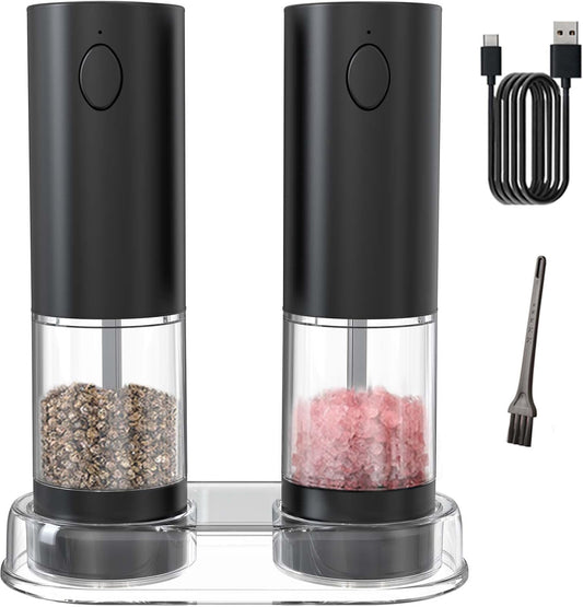 Electric Salt and Pepper Grinder Set, Rechargeable Automatic Salt and Pepper Grinder Set, One Hand Operation with LED Light, Adjustable Coarseness, Refillable, 95ml, Black (2 Pack)