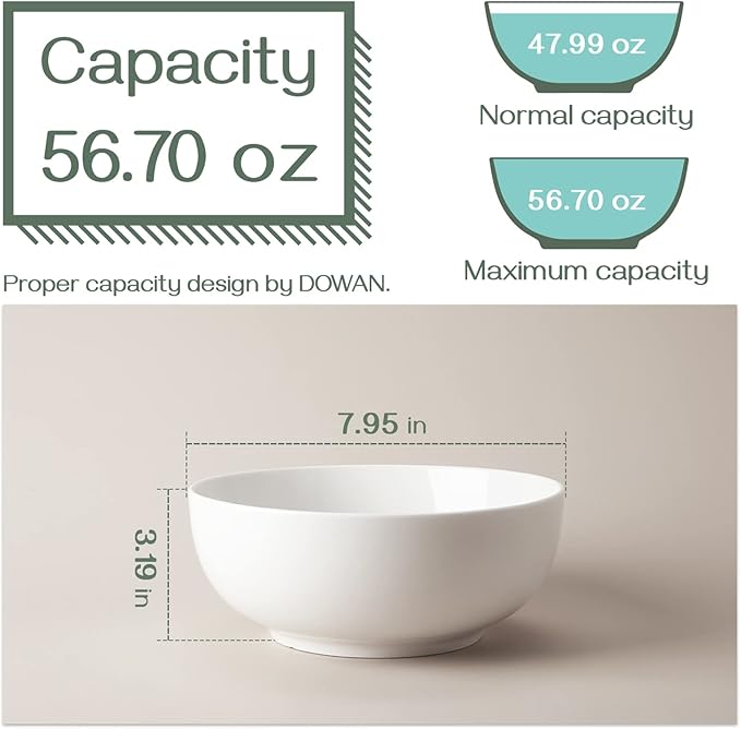 DOWAN Salad Bowls, Large Pho Bowls, 8" White Centerpiece Bowls for Nut, Pasta, Soup, Side Dishes, Ramen, Fruit, Kitchen Decor, Microwave & Dishwasher Safe, 56 Ounce