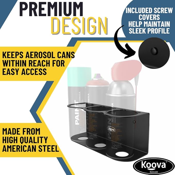 Koova 3 Aerosol Spray Can Holder | Easy Install Wall Mount | Heavy-Duty Powder Coated Steel Storage Rack for Garage & Home | Craft Workspace Paint Bottle Organizer | Hardware Included | USA Made