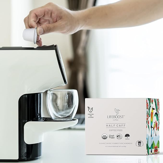 Lifeboost Half Caff Coffee K Cups - Low Acid Half Caff Coffee Pods - Single Origin Non-GMO Mold Free Pods Compatible with Keurig & Keurig 2 - No Mycotoxins or Pesticides - 10 Count