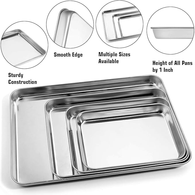 Baking Sheet Set of 4, Yododo Stainless Steel Baking Pan Tray Cookie Sheet, Non Toxic & Healthy, Mirror Finish & Rust Free, Easy Clean & Dishwasher Safe (16inch 12inch 10inch 9inch)