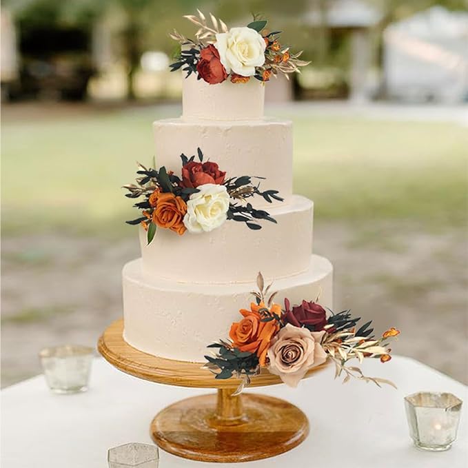 Rinlong 3Pcs Pre-made Cake Topper Cake Decorating Flowers for Cake Decor Boho Burnt Orange Fall Cake Flowers for Wedding Baptism Birthday Party Bridal Baby Shower