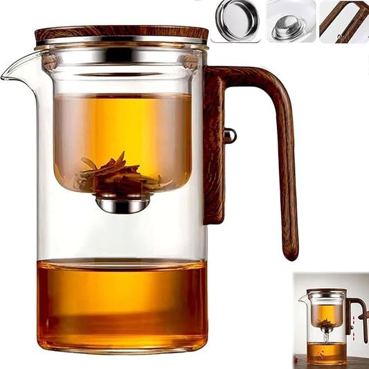 Enchanti Magic Tea Pot, 900ML Water Separation Glass Teapot with Wooden Handle, Press Control Enchanti Tea Infuser with Strainer for Loose Leaf Witchcraft Tea Kettle