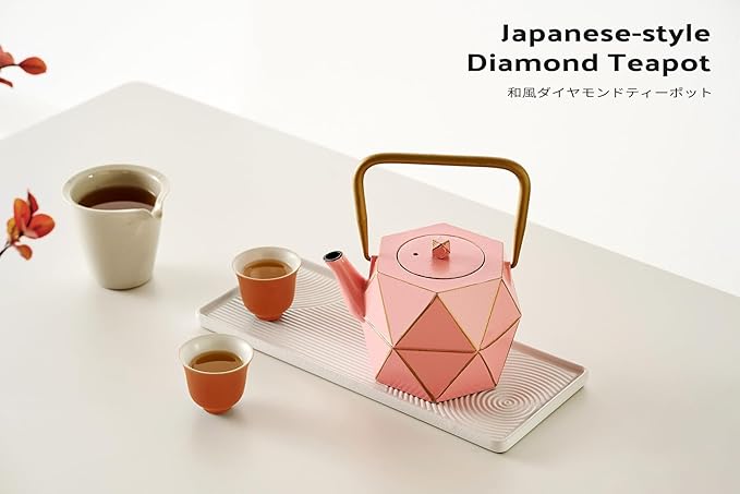 Toptier Cast Iron Teapot, Stovetop Safe Japanese Cast Iron Tea Kettle, Diamond Design Tea Pot with Removable Infuser for Loose Tea, 40 Ounce (1200 ml), Pink