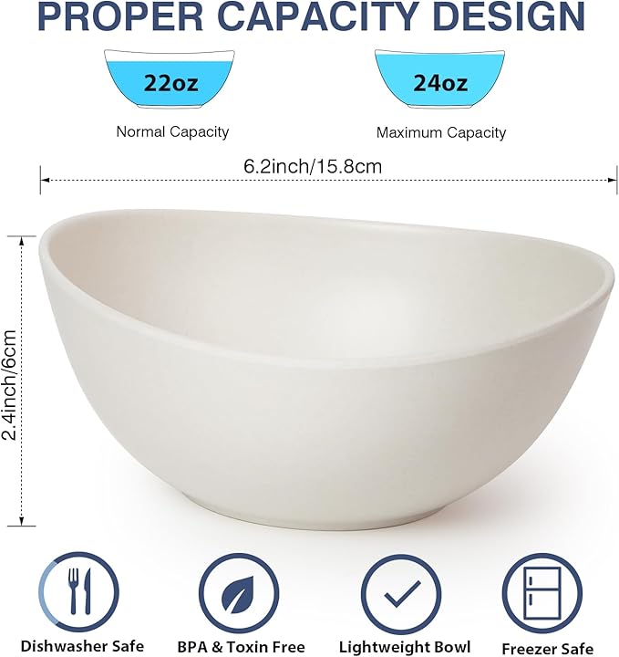 6.2'' Bamboo Fiber Cereal Bows Set of 6, Soup Bowls 24 Oz for Serving Salad, Snack, Side Dishes, Modern Oval Lightweight Bowls for Breakfast, Lunch and Dinner, Dishwasher and Freezer Safe(Matte White)