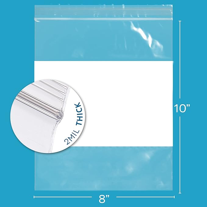 1000 Count, 8" x 10" 1/2 Gallon Zip Bags, 2 Mil Thick Clear Plastic Reclosable Zipper Lock Bags with Write-on White Block, with Resealable Zip Top Lock for Food Storage, Sandwiches & Office Supplies