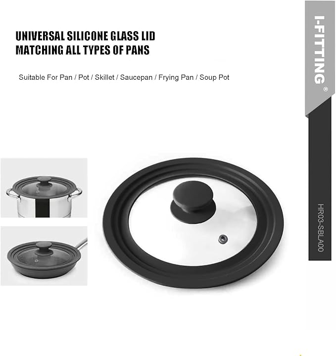 Universal Lid for Pots,Pans And Skillets,HR Huare Technology Tempered Glass with Heat Resistant Silicone Rim,Dishwasher Safe,Fit Cookware 8.5", 9.5”, 10”, Black,1 Pack