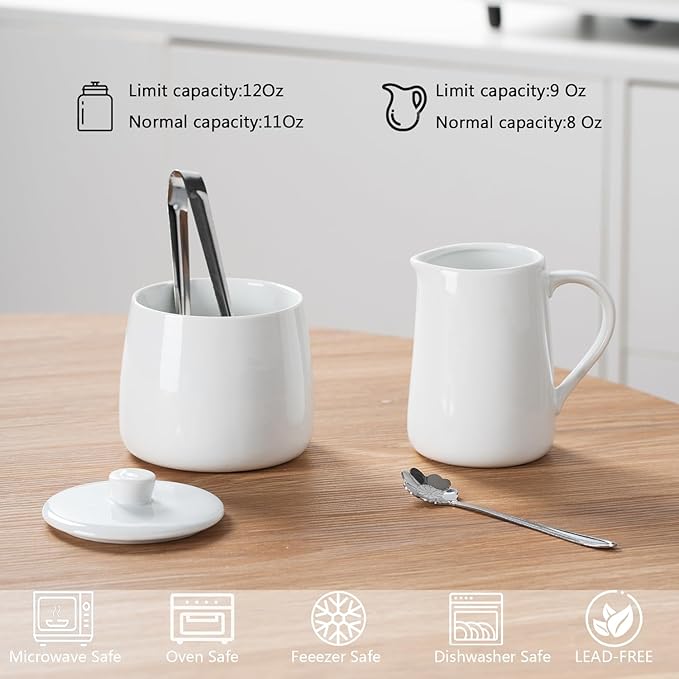 Sugar and Creamer Set, 4 Piece with Creamer Pitcher, Sugar Bowl with Lid and Spoon, Sugar Cube Tongs, for Coffee Accessories, Ceramic Coffee Serving Set