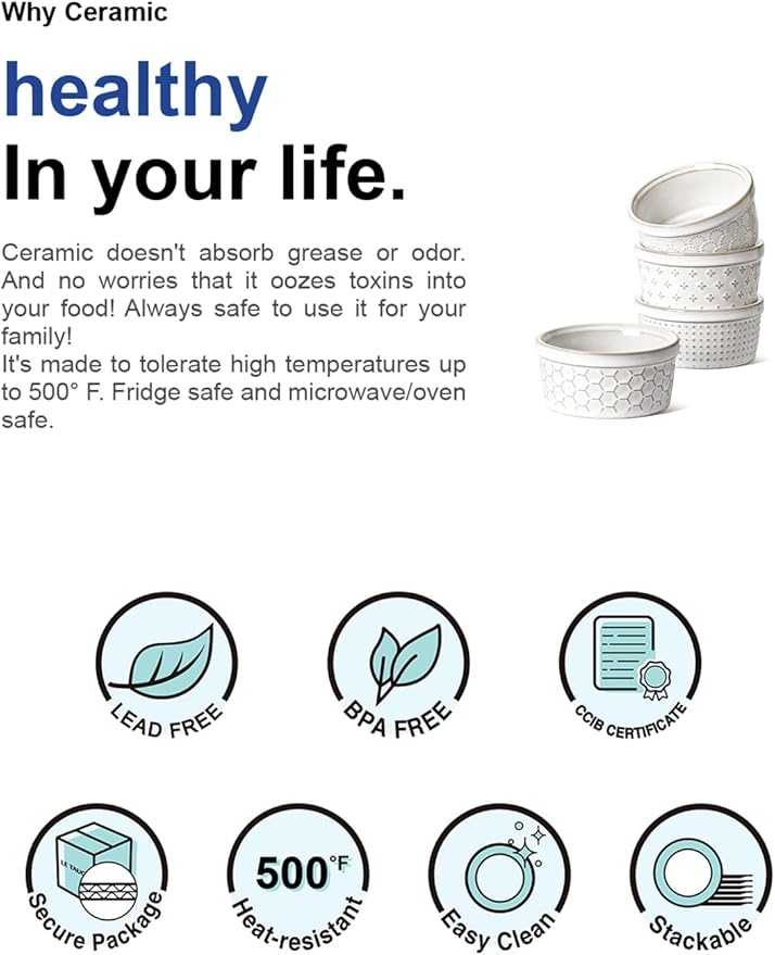 LE TAUCI Ramekins 6 oz, Ramiken for Creme Brulee, Lava Cake,Pudding, Souffle, Small Sauce Bowl,Ceramic Baking Dishes- 4 inch, Set of 4, Arctic White