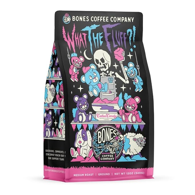 Bones Coffee Company What the Fluff?! Berry Cotton Candy Flavored Coffee, Medium Roast Low Acid Arabica Beans Compatible with Auto drip and French Press Coffee Maker, 12 Oz Ground