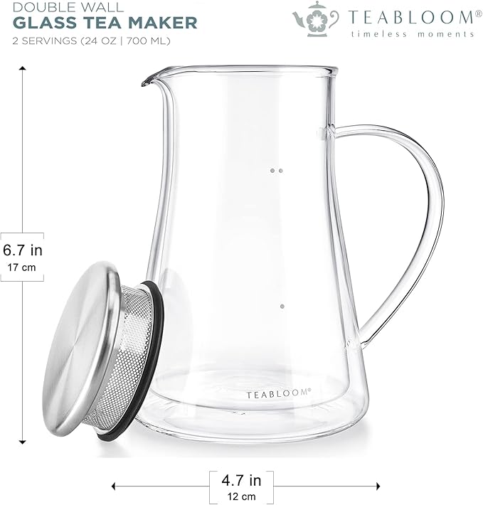 Teabloom Insulated Teapot Keeps Tea Hot – Tea Maker For Two (24 oz) – Double Wall Heatproof Glass Tea Steeper with Stainless Steel Filter Lid for Loose Leaf Tea