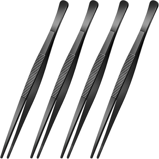 Yaomiao 4 Packs 10 Inch Bar Tweezers Black Long Garnish Tongs Stainless Steel Kitchen Cooking Tongs Tweezers for Food Cocktail Korean BBQ Bartender Chef, Multi-use