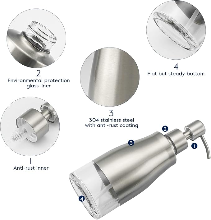 2 Pack Soap Dispenser with Coaster and Stickers, Stainless Steel Case Glass Liner Hand Pump Dispenser, Refillable Liquid Hand Soap Dispenser for Bathroom & Kitchen - Brushed Nickel