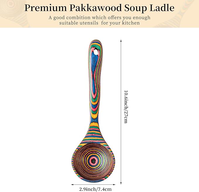 Gudamaye Pakkawood Rainbow Deep Soup Ladles,Pakkawood Ladle,10.6 inch Big Soup Ladle for Cooking,Deep Ladle Spoons,Wood Ladle, Wood Kitchen Utensils Set, Wooden Spoons for Cooking