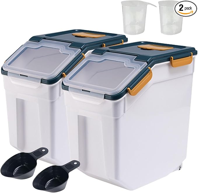 PENCK Large Flour Storage Container 25lbs, 2 Pack Airtight Rice Dispenser, BPA Free Plastic Cereal Grain Organizer Dog Cat Food Bin with Measuring Cup&Scoop for Kitchen Counter Top(Blue)