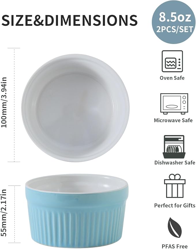 Hasense Ramekins Oven Safe, 8 oz Creme Brulee Ramekins Set of 2, Microwave & Dishwasher Safe Souffle Baking Cups for Pudding, Ice Cream, Custard, Dessert Bowls Porcelain, Sky Blue