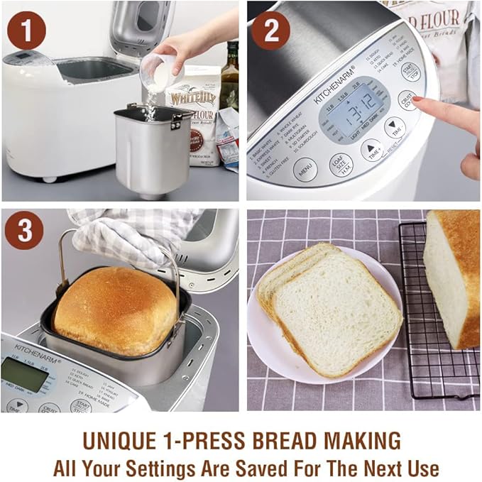 KITCHENARM 19-in-1 HANDY Bread Machine with Homemade Cycle and Gluten Free Setting - Beginner Friendly 2LB 1.5LB 1LB White Bread Maker Machine with Recipes and Delay Timer