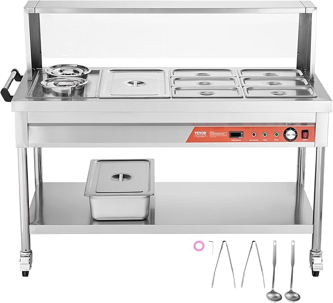 VEVOR Commercial Food Warmer, 7 Pans + 2 Pots Electric Steam Table, 1800W Professional Buffet Catering Food Warmer with Shield Undershelf Wheels, Stainless Steel Server for Party Restaurant Hotel