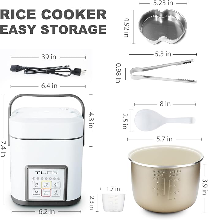 TLOG Mini Rice Cooker 2.5 Cups Uncooked, Healthy Ceramic Coating Portable Cooker, 1.2L Travel Small for 1-3 People, Personal maker, Food Steamer, 12 Hours delay timer, Multi-cooker Grains, Oats
