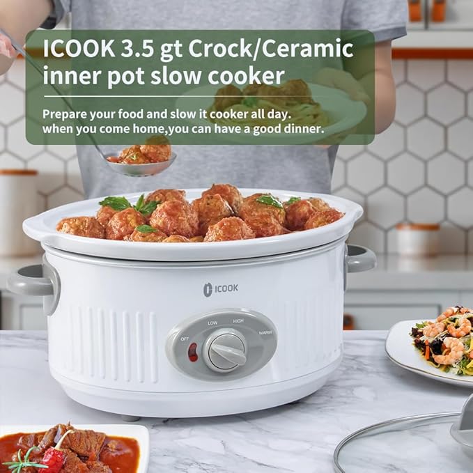 ICOOK Slow Cooker 3.5 Quart USC-351-OG,Dishwasher Safe Crock/Ceramic inner pot and Glass lid,Small Slow Cooker,Oval Shape,White