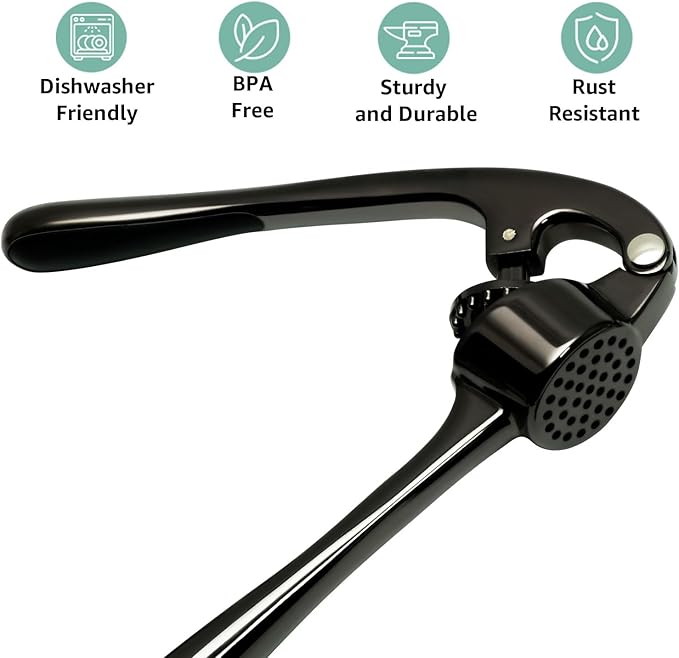 GD Garlic Press Crusher Mincer Tool - Stainless Steel Garlic Press, Dishwasher Safe & Rust Proof, Easy-Squeeze Garlic Crusher with Ergonomic Handle - Includes Silicone Peeler & Brush (Black)