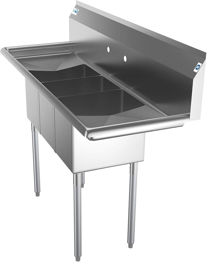 KoolMore - SC101410-12B3 3 Compartment Stainless Steel NSF Commercial Kitchen Sink with Right and Left Drainboards - Bowl Size 10" x 14" x 10", Silver