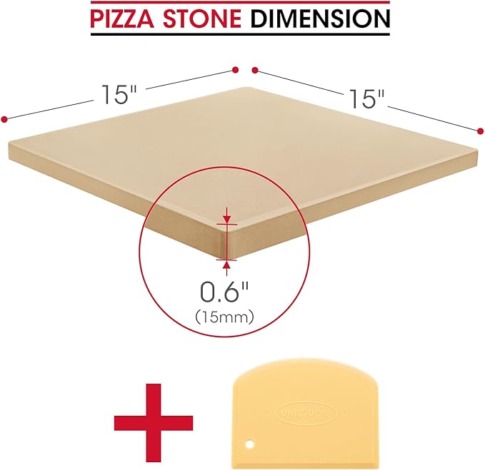 Unicook Pizza Stone 15 Inch, Premium Baking Stone for Oven Grill, Square Cordierite Bread Pizza Pan, Thermal Shock Resistant, Includes Scraper