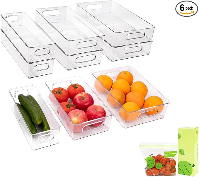6 Pack Refrigerator Organizer Bins,3 Sizes Clear Pantry Storage with Handles and 30 PCS Plastic Bags for Fridge, Freezer, Shelves, Drawer, Bins, Snack Organizer for Home & Kitchen