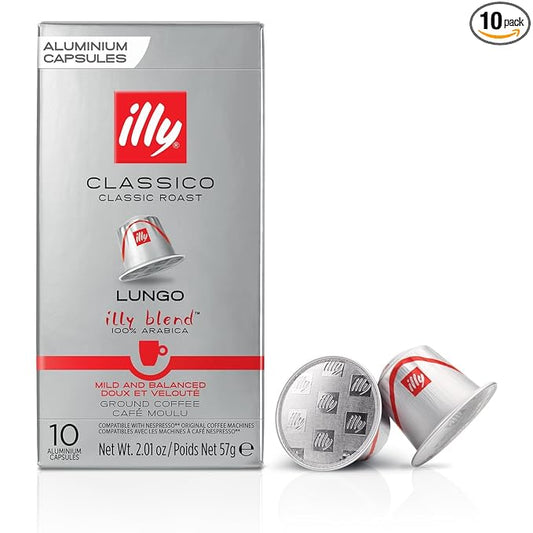 illy Aluminum Espresso Capsules - Compatible with Nespresso Machines - Classico Lungo Roast Coffee - Mild & Balanced - Notes Of Caramel, Orange Blossom & Jasmine - 10 Count (Pack of 10)
