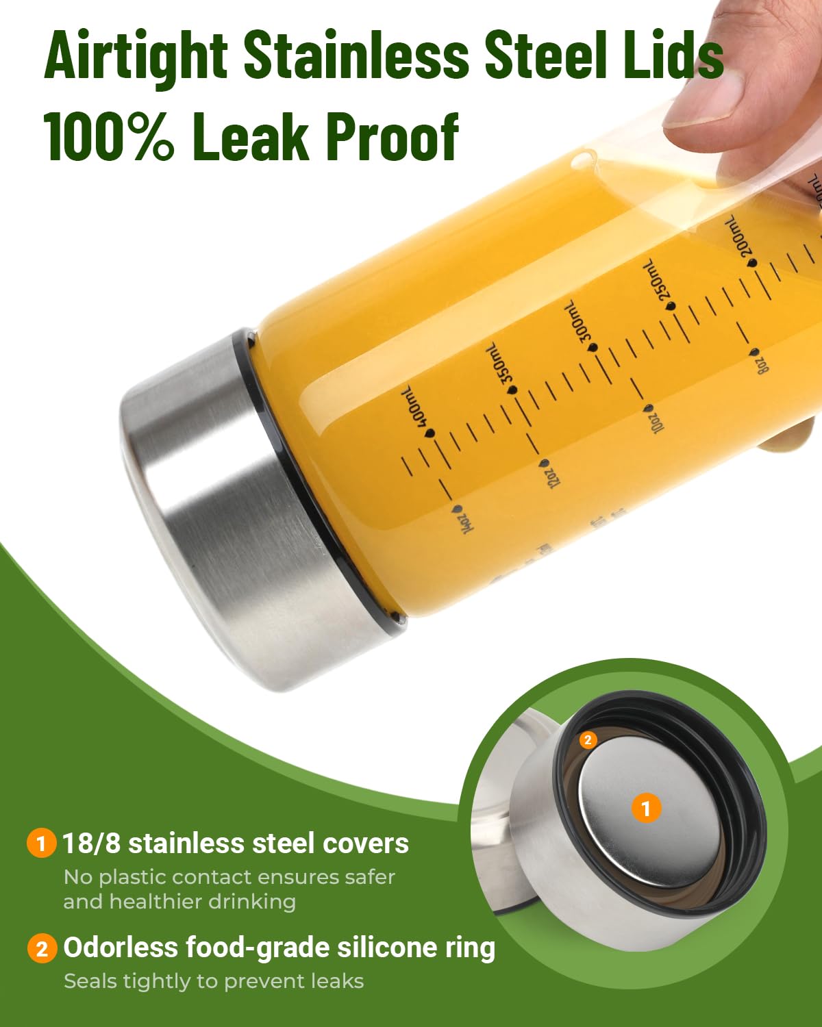 Zukro 16 oz Borosilicate Glass Water Bottles with Stainless Steel Lids and Measurement| Reusable Leakproof Drinking Bottles for Juicing, Smoothie, Protein| 4 Pack Wide Mouth BPA-Free Juice Container